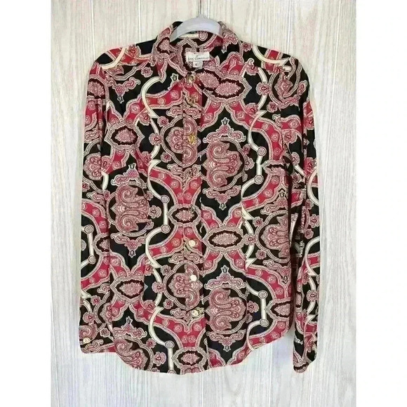 Jude Connally Sz Small Paisley Jude Cloth Button Up Top Long Sleeve Red Black - Picture 2 of 8